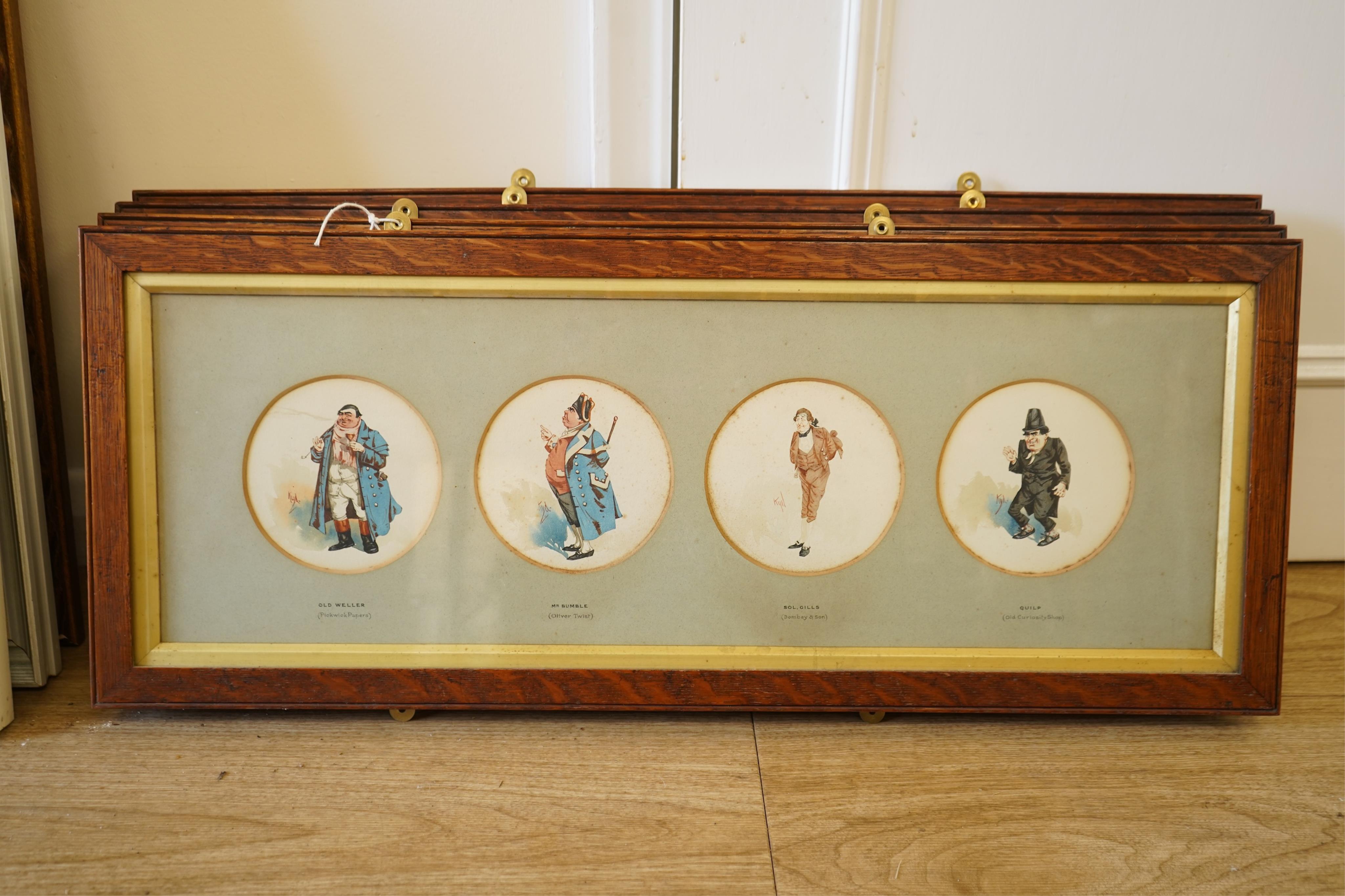 Joseph Clayton Clarke (KYD, 1857-1937), Dickens caricatures to include: Mr Bumble from Oliver Twist, Old Weller from Pickwick Papers and Quilp from Old Curiosity Shop, each signed, sixteen tondo watercolours, framed as f